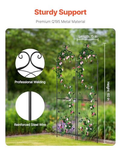 VEVOR Garden Trellis for Climbing Plants, 60 x 15 in, 2 Packs Rustproof Metal Garden Flower Trellis, Outdoor Climbing Rose Trellis Cucumbers Support, Decorative Clematis Trellis for Courtyards Lawns - size: 60''H x 15''W, style: 2Packs