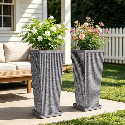 24" Tapered Tall Planters for Outdoor Plants with Tray&Shelf, Gray - color: Dark Gray-sandblasting
