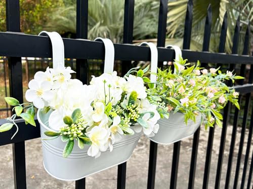 2 Pack 10" Metal Hanging Fence Planter Outdoor with Detachable Hooks, White - color: White