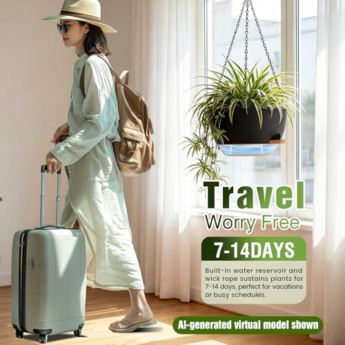 13 Inch Large Self Watering Hanging Planters 2 Pack with Saucers - color: Black Brown, size: 13 Inch 2 Pack