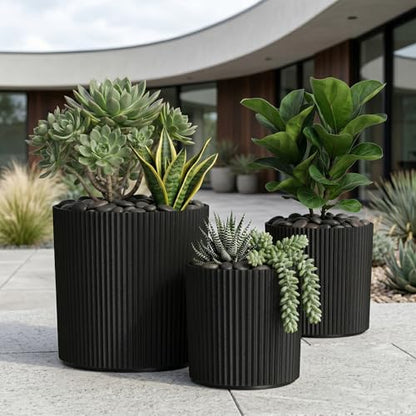 Mayne Haven Round Fluted Modern Planter Set, Black, 3-Pack - color: Black, size: 10in, 12in, and 14in
