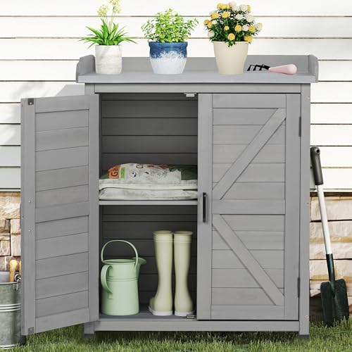 Outdoor Storage Cabinet & Potting Bench Table with Metal Top, Wooden Patio Furniture, Garden Workstation (Classic Grey, 39x31.5x17in) - color: Classic Grey, size: 39x31.5x17in