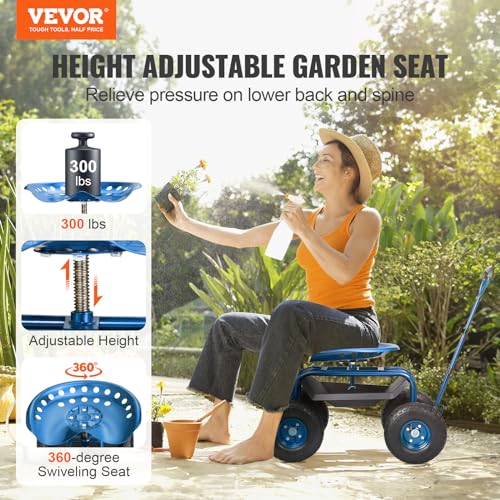 VEVOR Garden Cart Rolling Workseat with Wheels, Gardening Stool for Planting, 360 Degree Swivel Seat, Wagon Scooter with Steering Handle & Utility Tool Tray, Use for Patio, Yard, and Outdoors, Blue - color: Blue