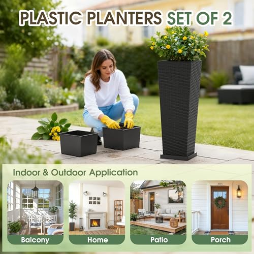 Greesum Set of 2 Tall Plastic Planters with Saucer, 32 Inch, Black - color: Black, size: 32" with Tray
