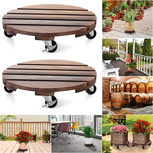 HOHY 2PCS Plant Caddy 12" Plant Stand with Wheels Wood Rolling Plant Stand