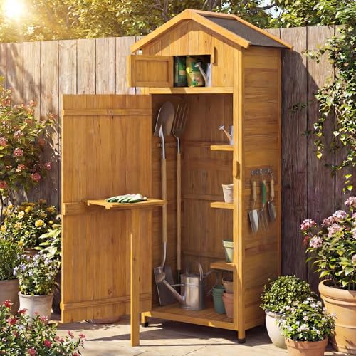 Outdoor Storage Shed, 70” Tall Outside Tool Cabinet w/Safety Latch, Hooks, Shelves & Folding Table, Wooden Garden Shed with Weather-Resistant Roof, for Patio, Backyard, Lawn (Natural) - color: Natural