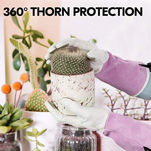 Vgo... 1-Pair Premium Genuine Goat Leather Extra-Long Cuff Thornproof Gardening Gloves (Size M, Pink White, GA1013) - color: 1 Pair - Pink White, size: Women's Medium