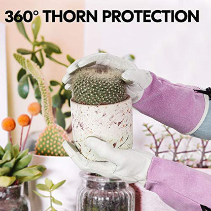 Vgo... 1-Pair Premium Genuine Goat Leather Extra-Long Cuff Thornproof Gardening Gloves (Size M, Pink White, GA1013) - color: 1 Pair - Pink White, size: Women's Medium