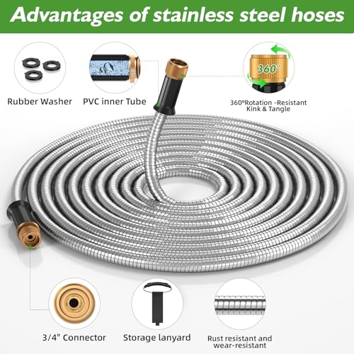 Stainless Steel Garden Hose 50ft, No-Kink Flexible Water Hose, Spray Nozzle - size: 50FT