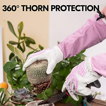 Vgo... 1-Pair Premium Geniune Goat Leather Extra-long Cuff Thornproof, Anti-abrasion, Anti-Impact Gardening Gloves (Size L, White, GA9659) - color: 1 Pair - White Pink, size: Women's Large