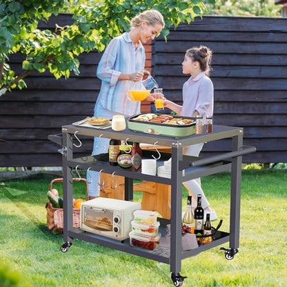 Domi 3-Shelf Outdoor Grill Table, Grill Cart Outdoor with Wheels, Pizza Oven and Food Prep Table, Blackstone with Stainless Steel Tabletop, BBQ Stand for Blackstone Griddle for Outside BBQ - style: Stainless Steel Tabletop+Solid Shelf