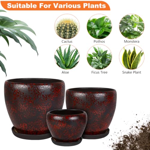 Ceramic Plant Pots With Saucer & Drainage Hole, 8 inch Indoor Flower Pots - color: Red, size: 8 inch