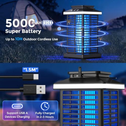 Bug Zapper Outdoor, Mosquito Zapper 3 in 1 Rechargeable Bug Zapper Outdoor with 5000mAh Battery & LED Night Light, 4000V Electric Fly Zapper for Outside,Patio,Backyard,Garden Black 03 - color: Matte Black