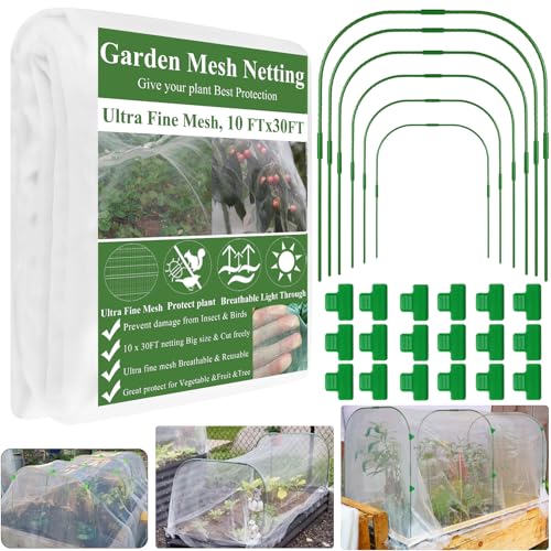 Garden Netting Kit for Raised Beds, 10x30FT Ultra Fine Mesh Netting＆ 6 Sets Garden Hoops, Garden Bed Row Cover Insect Netting Garden Hoop for Raised Bed Vegetable Plant Flowers Fruit Protection Net