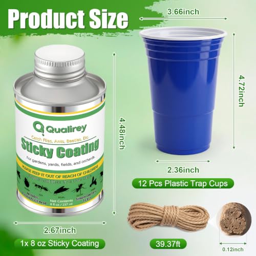 Qualirey Sticky Coating Brushable 8 oz Transparent Trap Gel Brush-on Sticky Insect with 12 Deep Blue Cups and 39 ft Jute Rope, DIY Hanging Fly Trap Kit for Patio Garden Porch and Outdoor