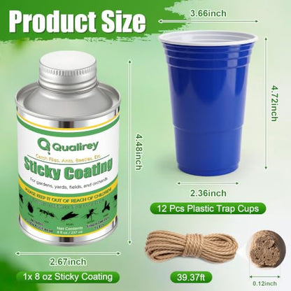 Qualirey Sticky Coating Brushable 8 oz Transparent Trap Gel Brush-on Sticky Insect with 12 Deep Blue Cups and 39 ft Jute Rope, DIY Hanging Fly Trap Kit for Patio Garden Porch and Outdoor