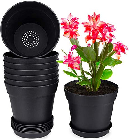 homenote 7.5 Inch Plastic Flower Pots with Drainage Holes and Trays (8 Pcs) - color: Black-8 Pcs, size: 7.5 Inch