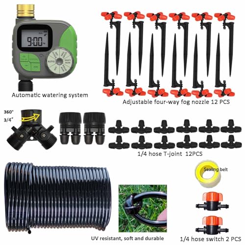 Drip Irrigation Kit Automatic Watering System with Water Timer 64FT 1/4 Tubing and 12 Rain Spray Watering Nozzles in 4 Directions for Potted Plants Yard Lawn Juvenile Plants Greenhouse Mist - size: 1t