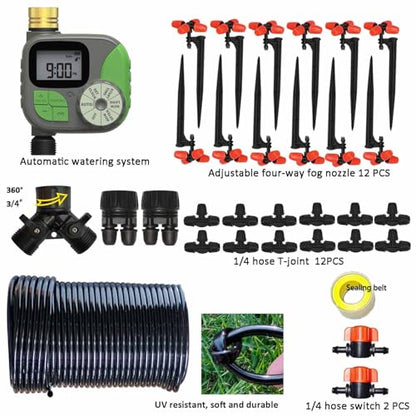 Drip Irrigation Kit Automatic Watering System with Water Timer 64FT 1/4 Tubing and 12 Rain Spray Watering Nozzles in 4 Directions for Potted Plants Yard Lawn Juvenile Plants Greenhouse Mist - size: 1t