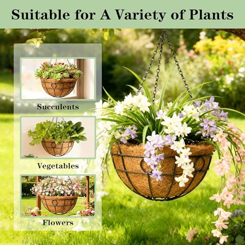 4 Pack 14 Inch Black Metal Hanging Planter Baskets with Coco Coir Liner Sturdy Hanging Flower Basket for Outdoor Indoor Garden Porch Patio Balcony Decor (Round) - style: Circular