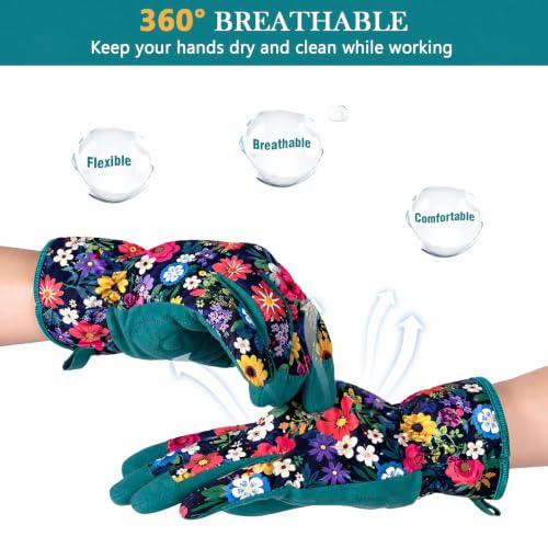 Gardening Gloves for Women, Breathable Leather Garden Gloves,Gardening Gift - color: Green - Flower