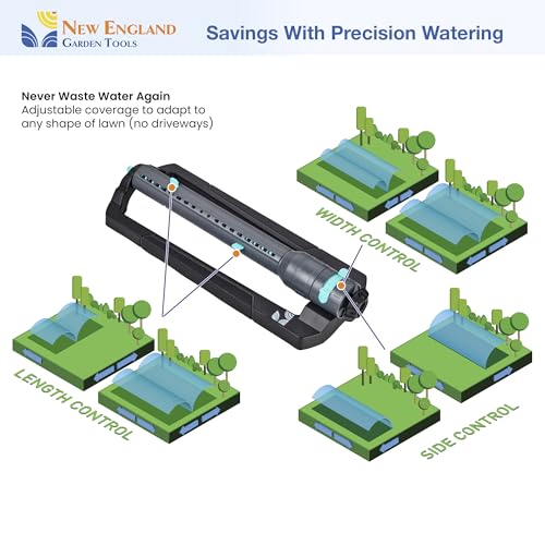 Turbo Oscillating Sprinkler 100003, Adjustable Sprinkler Spray Width & Range, Covers Up to 4,000 Square Feet, 18 Precision Nozzles for Even Watering, by New England Garden Tools