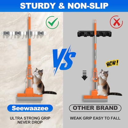 2 Pack Broom Holder Wall Mount Mop Organizer, 4 Racks 3 Hooks