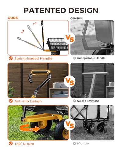 900 Lbs Heavy Duty Steel Garden Cart, Outdoor Metal Garden Wagon On Wheels, Utility Yard Cart with Mesh Removable Sides(Convert to Flatbed) and Removable Handle (to Wheel Barrow), Dark - color: Black