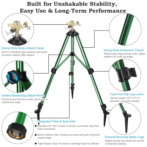 2 Pack Impact Sprinkler on Tripod Base, 360° Adjustable Brass Sprinkler Head with Stakes, Heavy Duty Metal Tripod Lawn Sprinkler for Large Area Lawn, Yard & Garden Irrigation