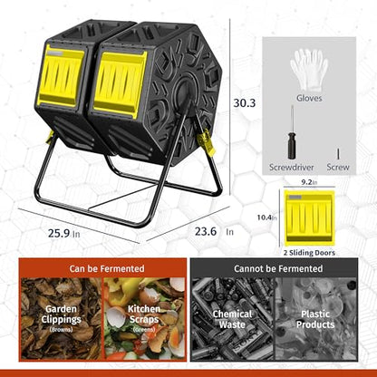 Compost Bin, 37-Gal Dual Chamber Composter Tumbler, Black Yellow