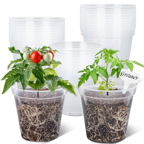 GREANER 7 Inch Transparent Plastic Garden Pots, Clear Plant Pots with Drainage Holes and 20 Pcs Plant Labels, Durable Seed Starting Pots for Orchid, Succulent, Vegetable, and Cactus - color: 15pcs/Clear, size: 7inch