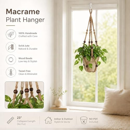 Macrame Plant Hanger Indoor, 23" No Tassel Hanging Plant Holder, Sturdy Flower Pot Holder with Hooks - Brown (Pot NOT Included) - color: Brown, size: 23"-1pc