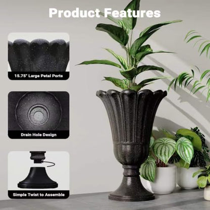 24" Tall Urn Planters Set of 2, Black Outdoor Planter for Porch - color: Black-petal