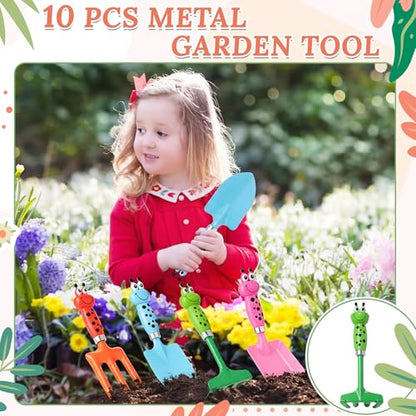 10 Pack Beach Toys for Kids Children Sand Box Toy Kit Kids Beach Shovels with Rake Fork Trowel Bulk Metal Gardening Tool Gift for Toddler Digging Weeding Summer Outdoor Sensory Sand Play