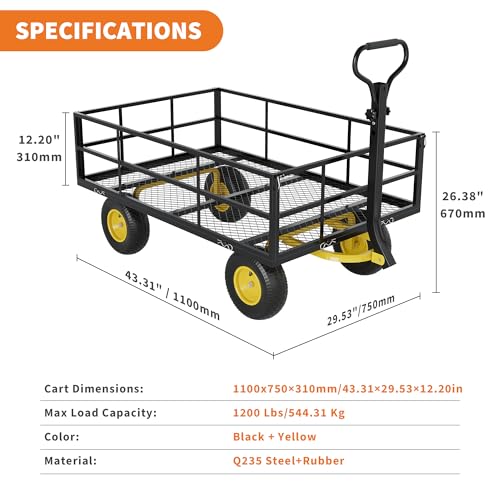 Steel Garden Cart on Wheels, 1400 Lbs Heavy Duty Yard Utility Wagon with Removable Mesh Sides, All Terrain Pneumatic Tires, Durable Metal Frame for Lawn, Garden, Farm - Black Yellow - color: Black+yellow, size: 1400LBS
