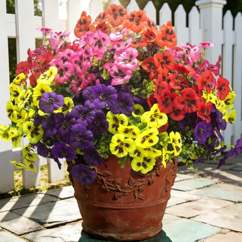 Grunyia 16 Pcs Artificial Pansy Flowers for Outdoors, UV Resistant Faux Silk Pansies Fake Flowers for Outside, Lifelike Spring Flowers for Hanging Basket Planter Window Box Porch Patio Yard Decor - color: Mix2(yellow,purple,red,pink )