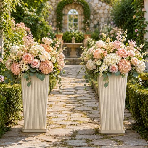 NicBex 24" Tall Planters for Outdoor Plants Set of 2 Square Fluted,Beige - color: Beige-sandblasting