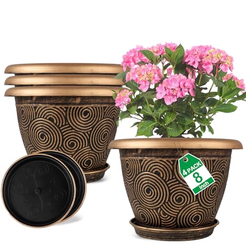 Fodetyff 8 Inch Flower Pots Planters for Indoor Outdoor Plants, 4 Pack Plastic Small Plant Pots with Drainage Hole & Tray, Modern Decorative Garden Pot with Saucer, Plant Container for House - color: Gold, size: 8 inch-4 pack