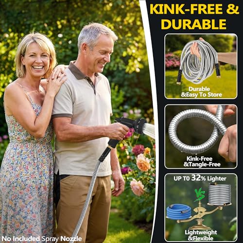 100 ft Stainless Steel Garden Hose - 2026 New Upgraded Metal Water hose - Flexible Water Hoses Pipes with Latex Core, 3/4" Solid Brass Connector - No-Expandable Watering Garden Hoses