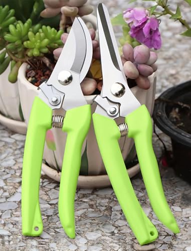 Professional Grade Pruning Shears Gardening Scissors Set - 2 Pack Ergonomic Garden Clippers with Non-Slip Rubber Handle, Sharp Stainless Steel Blades for Gardening, Floral, Bonsai, Indoor Plants,Green - color: Green&black