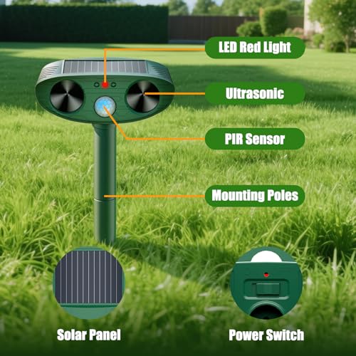 2026 Upgraded Solar Ultrasonic Animal Repellent Outdoor Deer Cat Repellent with Motion Sensor Flash Light, IP65 Waterproof Repeller Keep Rodent Squirrel Raccoon Opossum Skunk Out of Yard Farm