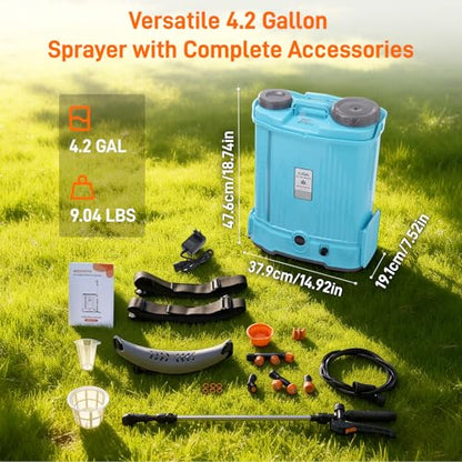 Backpack Garden Sprayer, 4.2 Gallon Electric Weed Sprayer w/ 5 Nozzles, Stir & Pressure Adj, Telescopic Wand, Battery Indicator, Battery Powered Rechargeable Auto Pump Sprayer for Yard, Lawn