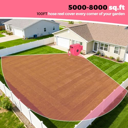 Retractable Garden Hose Reel 5/8 in x100 ft， Wall Mounted Hose Reel - color: Pink, size: 5/8"x100 ft