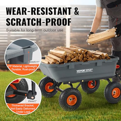 VEVOR 800lbs Poly Dump Garden Cart, Heavy Duty Yard Dump Cart Wagon, 4 Wheel Wheelbarrow with 10in Tires, 180°Rotating Handle, Steel Frame and Quick Release System - color: Gray