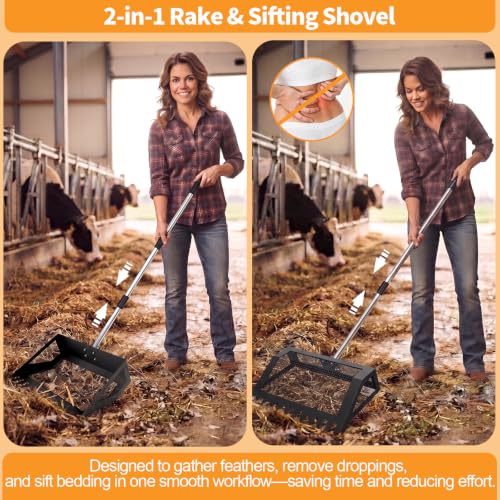 Chicken Poop Scooper Rake, 2-in-1 304 Stainless Steel 15 Inch Scoop - color: Black