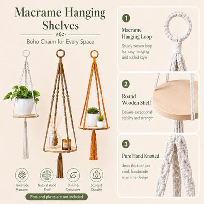 Macrame Hanging Planter with Shelf, Boho Plant Hanger for Indoor Window - color: Beige + Khaki + Orange