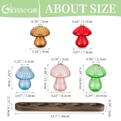 Glasseam Mushroom Glass Plant Propagation Station with Wooden Stand 5Pcs - color: Multicolor, size: 5Pcs