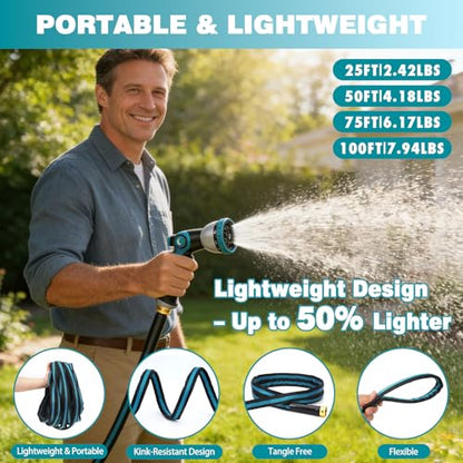 75FT Garden Hose, Kink-Free Non-Expandable Flexible Water Hose with 10-Pattern Spray Nozzle, Lightweight Leakproof Flat Hose with 3/4” Solid Brass Connector for Yard, Lawn & Outdoor Use - size: 75FT