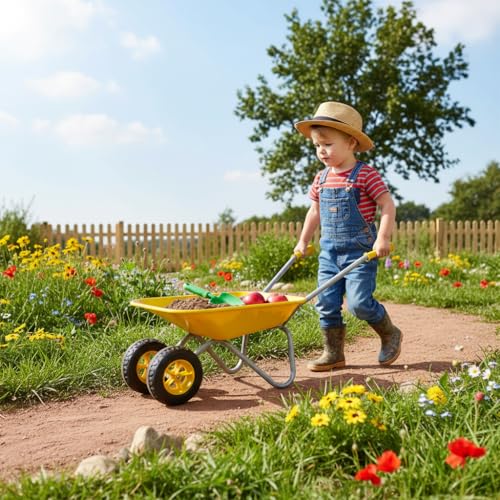 Kids Gardening Tool Set Wheelbarrow 2 Wheel Metal Wheelbarrow Toys (Yellow) - color: Yellow