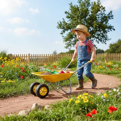 Kids Gardening Tool Set Wheelbarrow 2 Wheel Metal Wheelbarrow Toys (Yellow) - color: Yellow